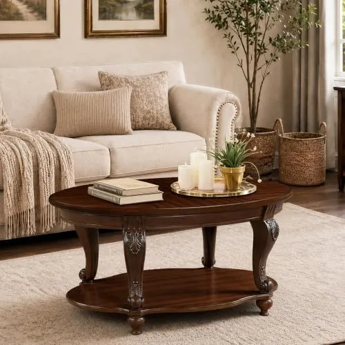 lktart 42 vintage oval coffee table with real wood veneer top shelf antique carved legs with solid wood feet elegant center table for living room cherry
