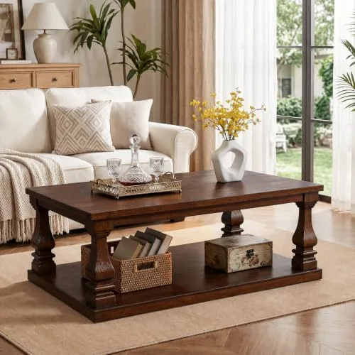 lktart 46 inch farmhouse coffee table with storage shelf 2 tier rustic wood center table solid wood legs large rectangular living room cocktail table walnut finish
