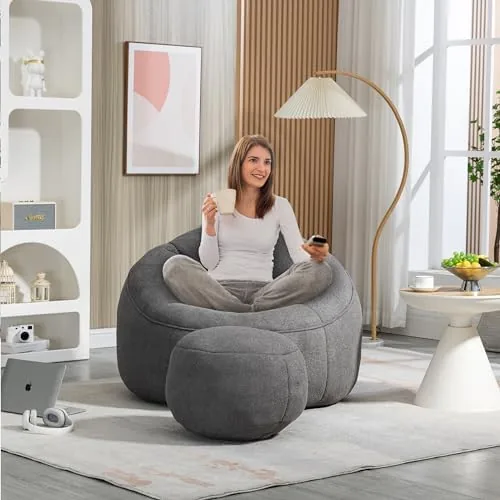 lktart bean bag sofa with ottoman for adults bean bag sofa chairs with high density foam modern lazy sofa for living room bedroom college dorm grey