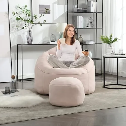 lktart comfy bean bag sofa with ottoman for adults bean bag sofa chairs super soft lazy chair with memory foam modern bean bag chair for living room bedroom apartment dorm pink