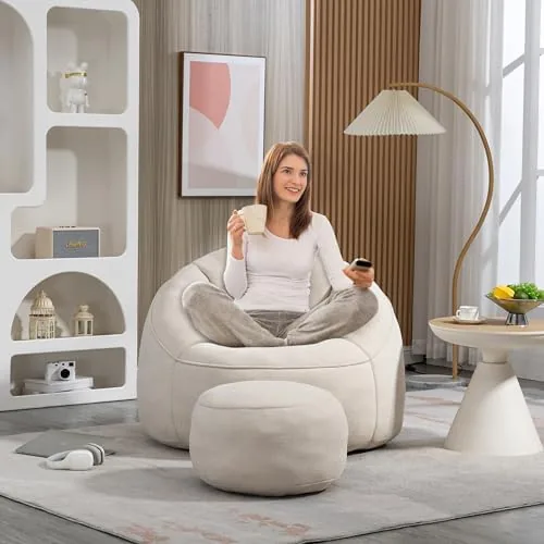 lktart comfy bean bag sofa with ottoman for adults bean bag sofa chairs super soft lazy sofa chair with memory foam modern bean bag chair for living room bedroom apartment dorm beige