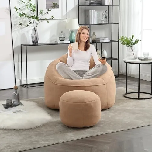 lktart comfy bean bag sofa with ottoman for adults bean bag sofa chairs super soft lazy sofa chair with memory foam modern bean bag chair for living room bedroom apartment dorm tan
